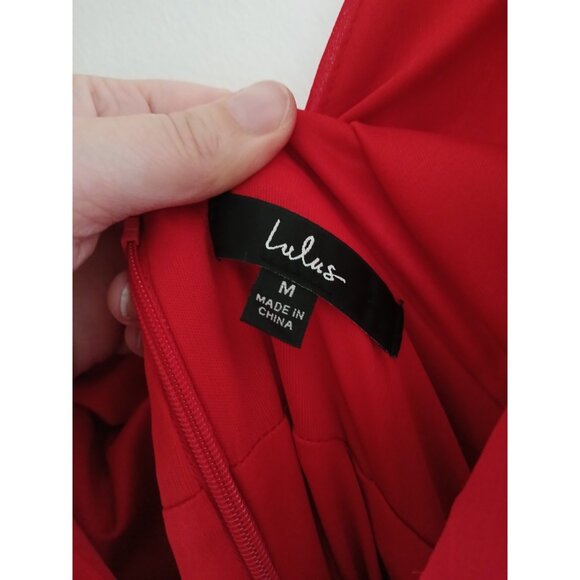 LULUS Womens M Red Plunge V-neck Maci Dress Gown High Slit Formal Wedding Prom - Picture 7 of 8